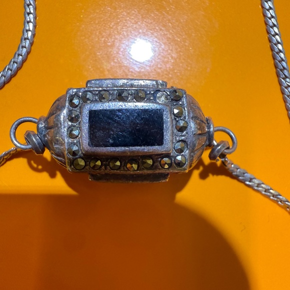 Vintage Sterling Silver Onyx Marcasite Cylinder Prayer Box Necklace 18” - Picture 6 of 12